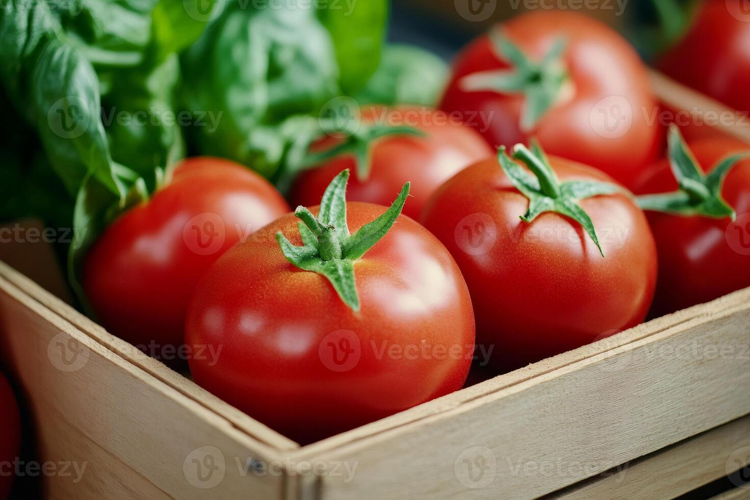 Fresh red tomatoes and green basil leaves resting in wooden crate photo