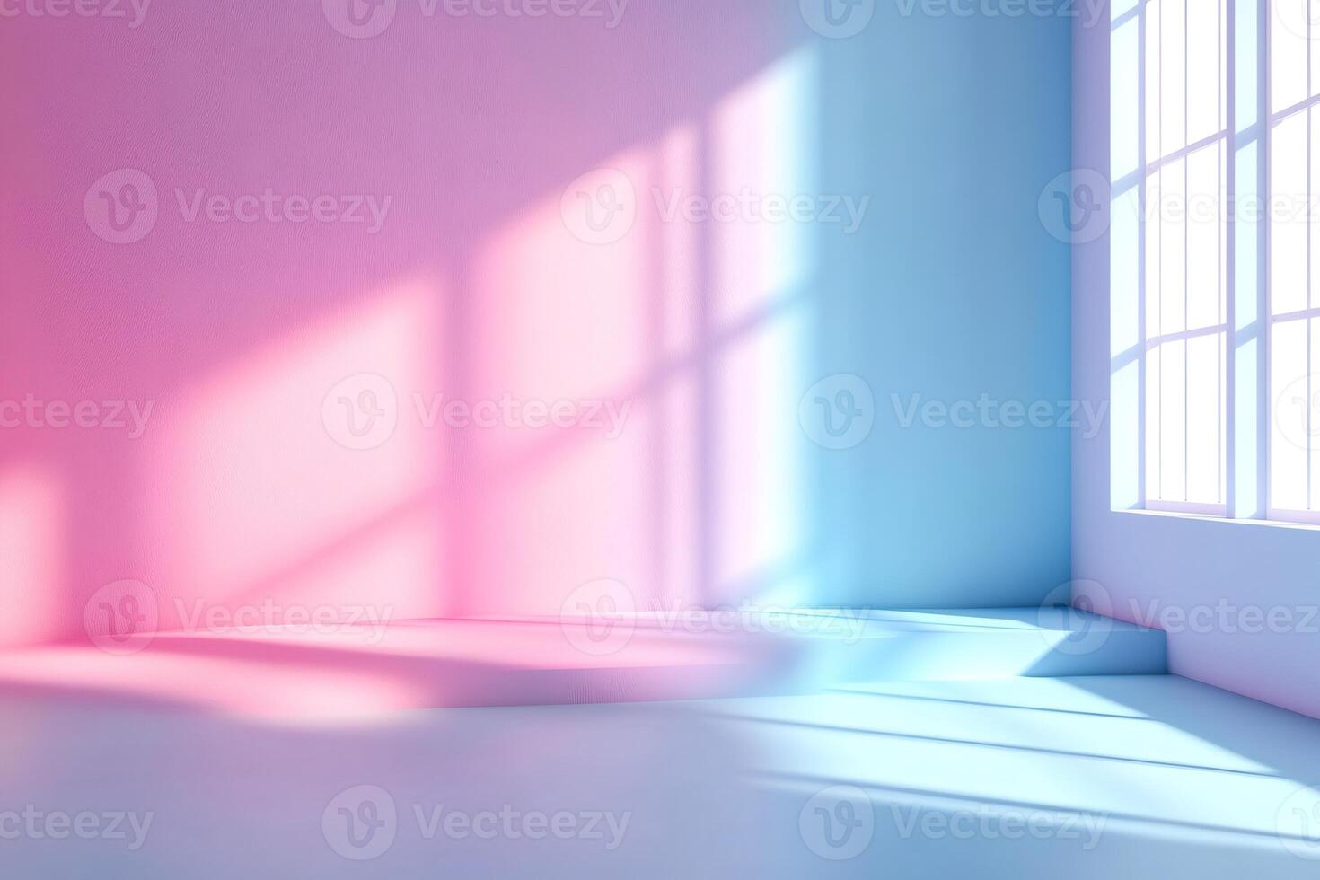 Sunlight illuminating empty room corner with pink and blue walls and platform photo