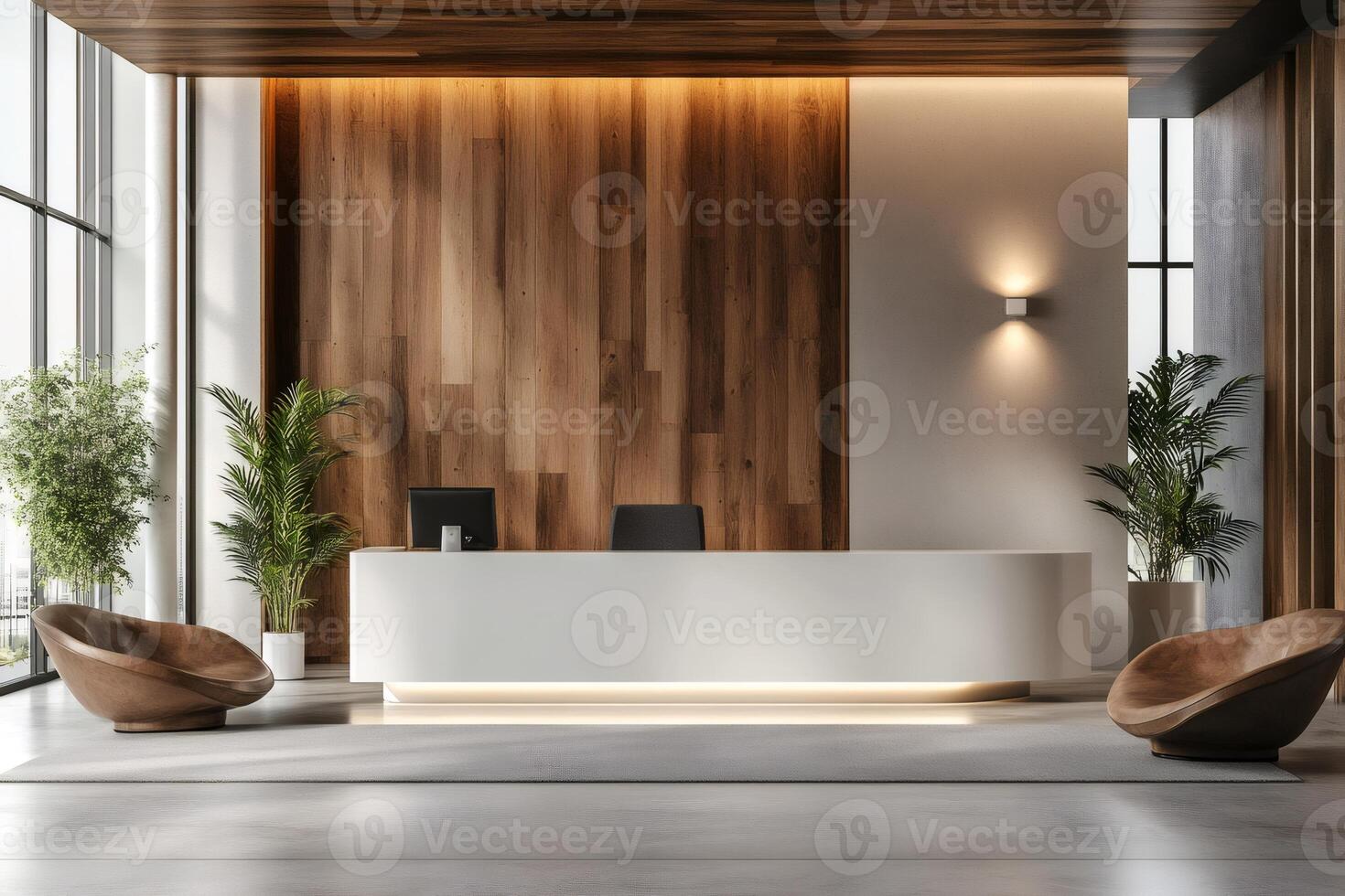 Modern hotel reception area with wooden paneling and comfortable seating photo