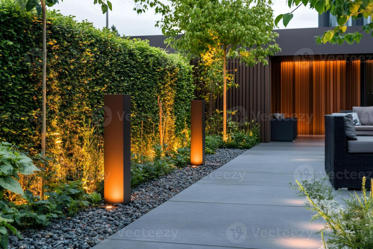 Modern garden design illuminating pathway with warm light and lush greenery photo