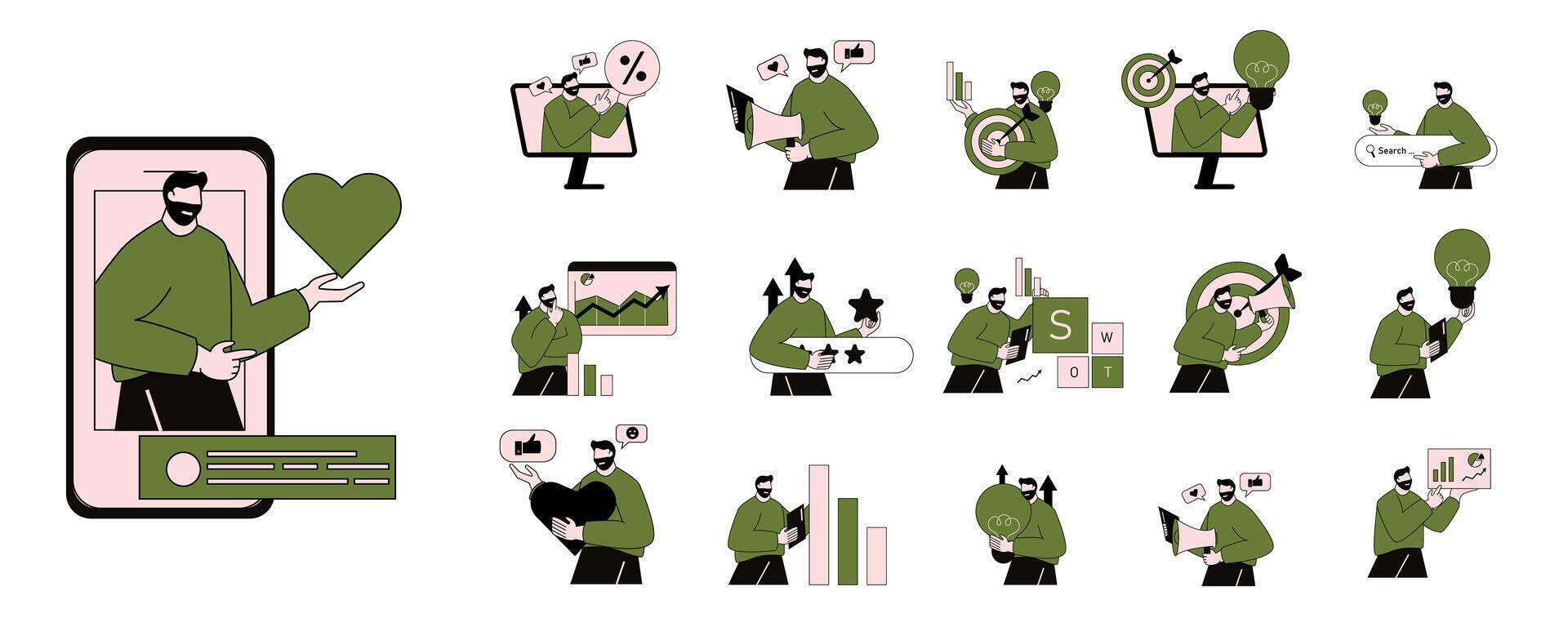 set man person character illustration social media concept analysis. marketing illustration, audience reach and performance analysis. vector