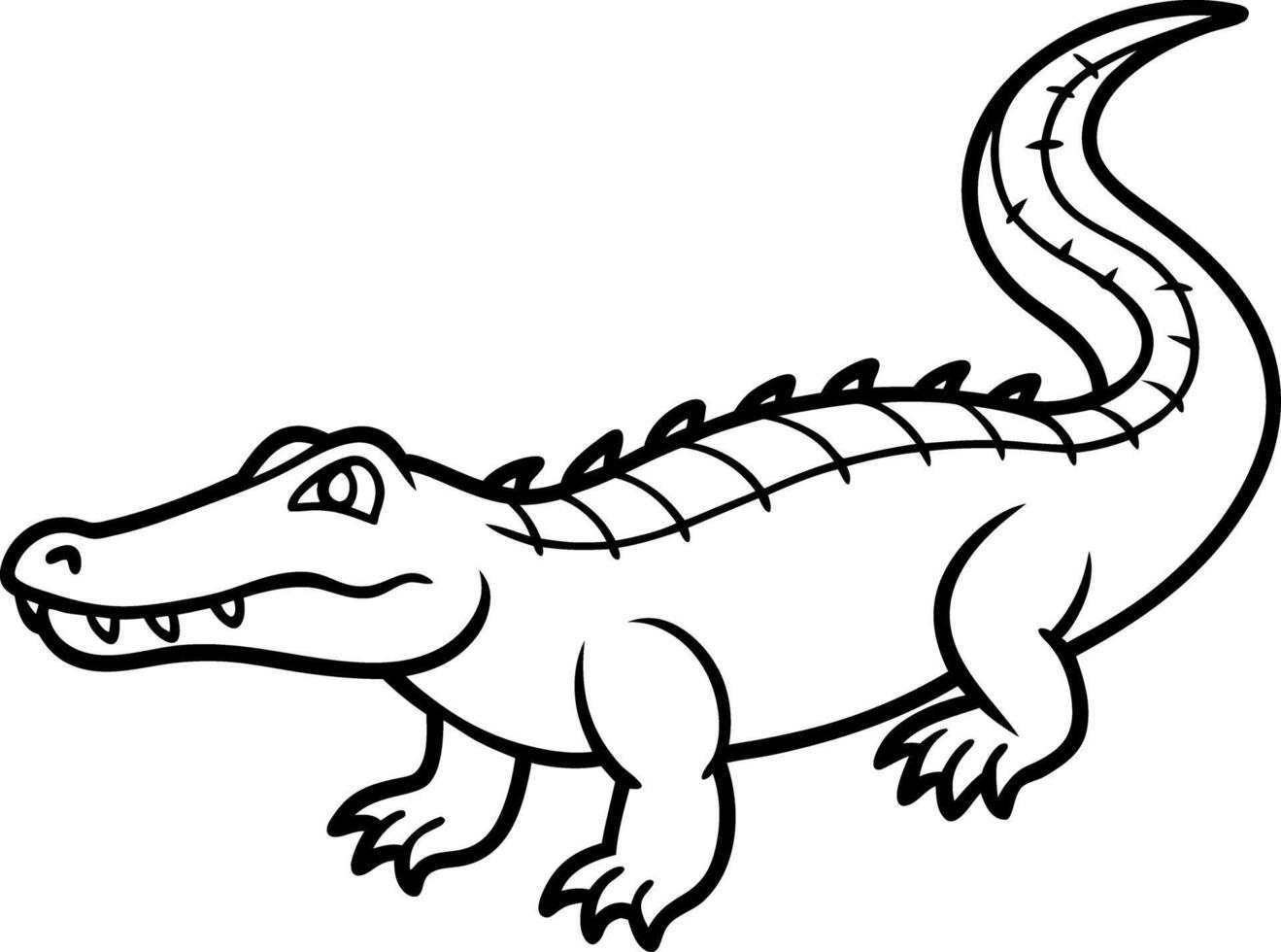 Cartoon Alligator Illustration, Outline Crocodile Image, Simple Black and White Reptile vector