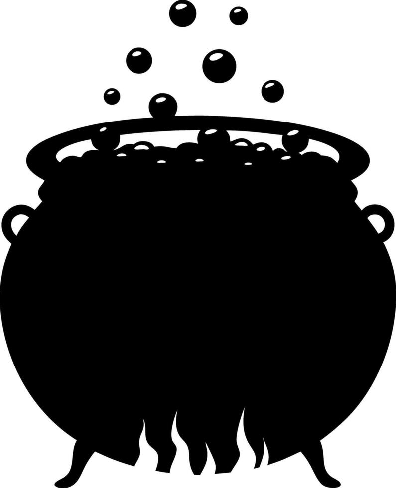 Black Cauldron Bubbling Silhouette on Fire Isolated on White Plain Background vector