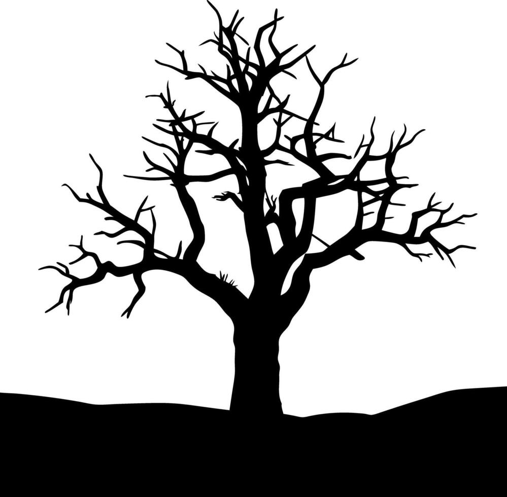 Silhouette of an Old Leafless Tree Standing Alone on a Small Hill in Black on White vector