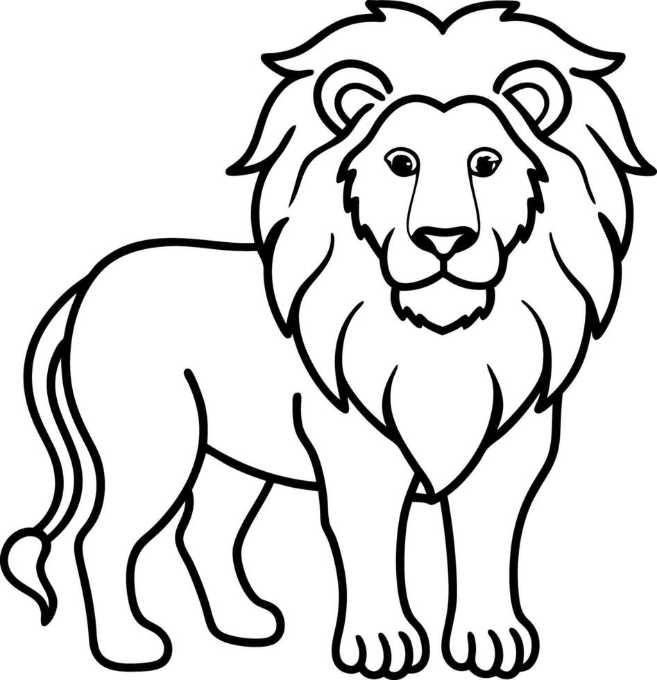 Lion Outline Drawing, Cartoon Style, Black and White, Feline, Animal, Standing vector