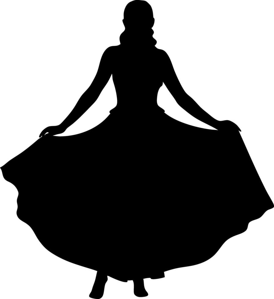 Woman Silhouette with Flowing Dress, Elegant Pose, Full Length, Isolated on White vector