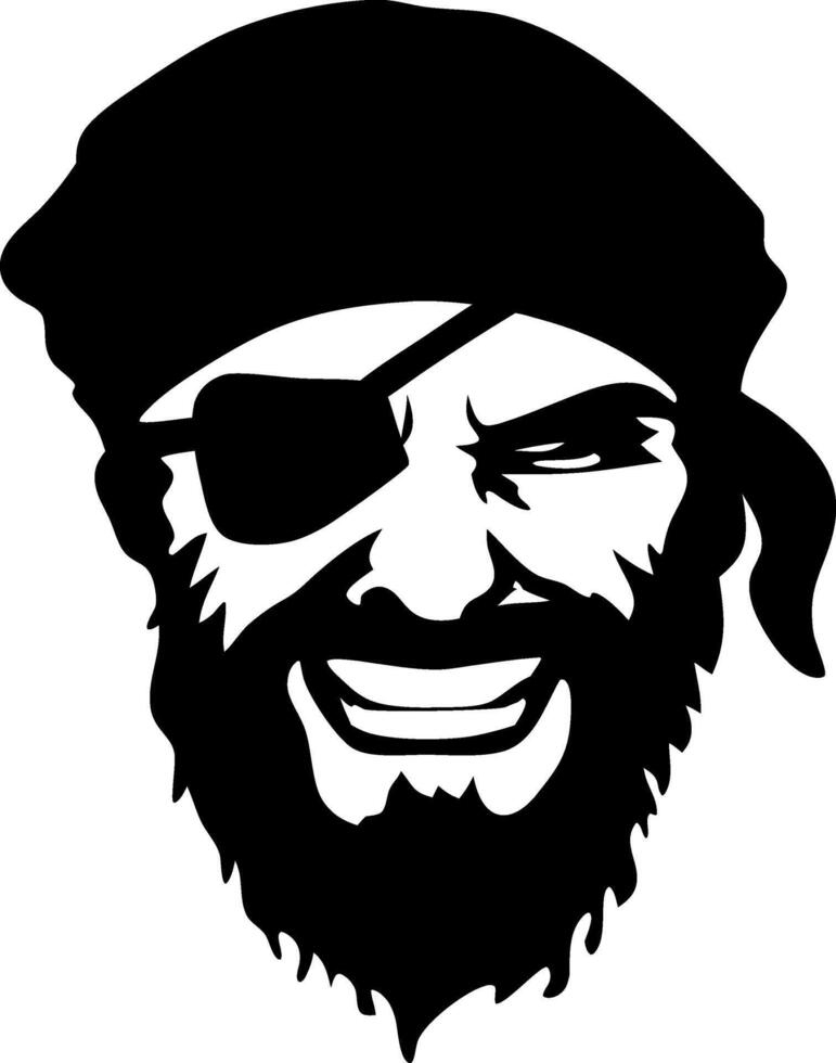 Bearded Pirate Silhouette with Eye Patch, Bandana and Grinning in Black and White vector