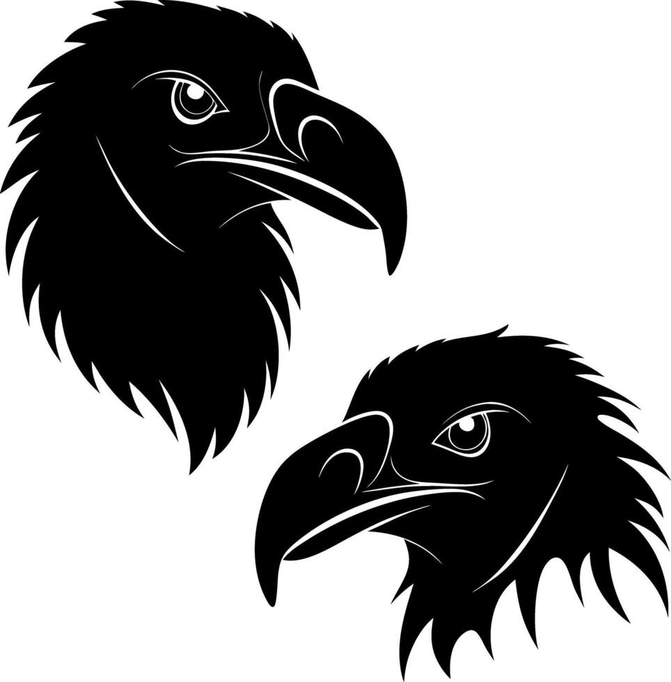 Two Raven Heads Silhouette, Side View, Black and White, Isolated, Detailed Feathers vector