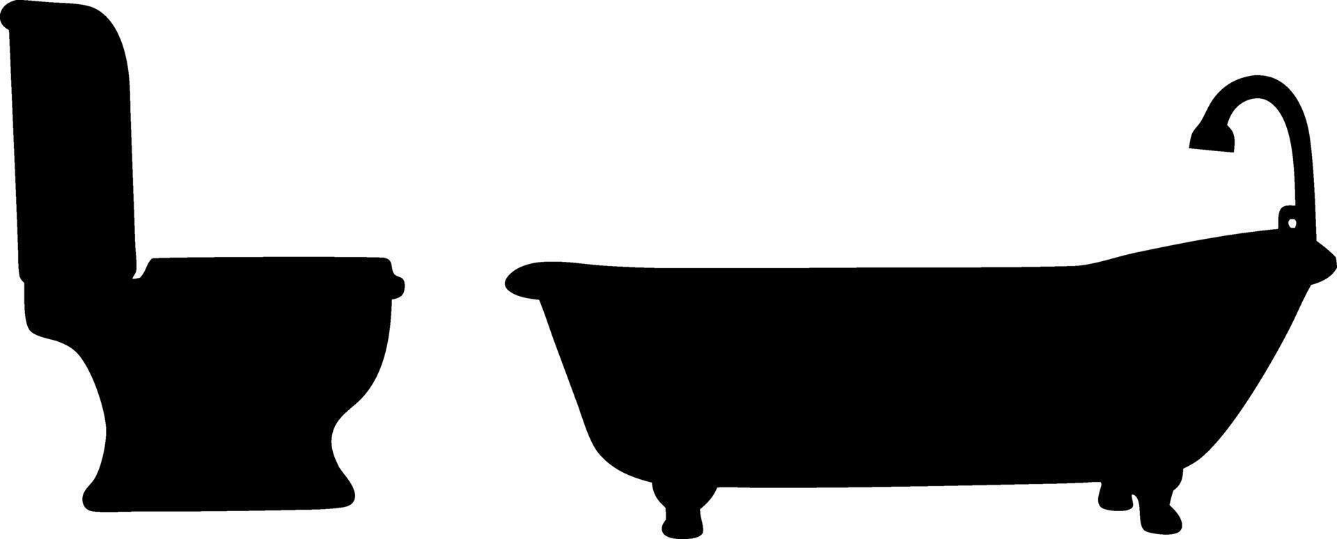 Black Bathroom Fixtures Silhouette Toilet With Lid and Bathtub On White Background vector
