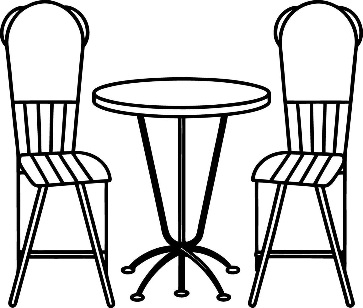Minimalist Outline Round Table with Two Chairs, Line Art Home Furniture, Cafe Style vector