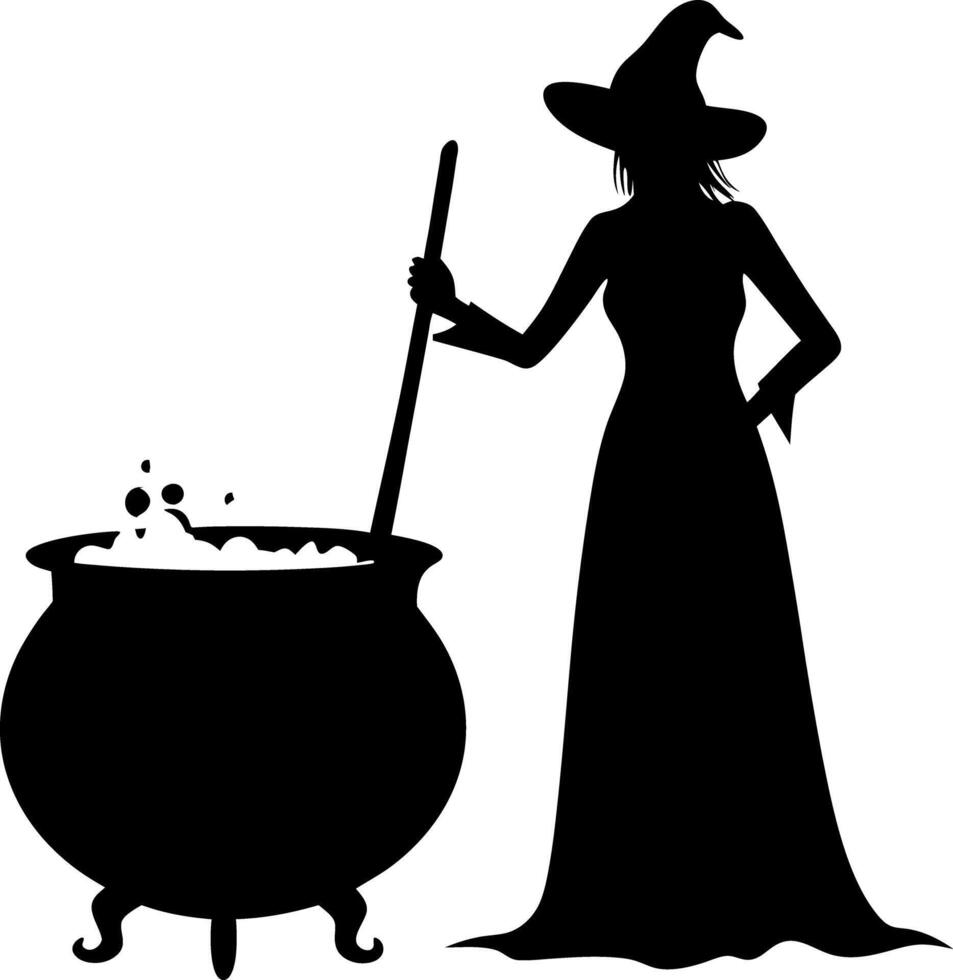 Halloween Witch Silhouette Stirring Cauldron with Bubbles and Stick, Black and White vector