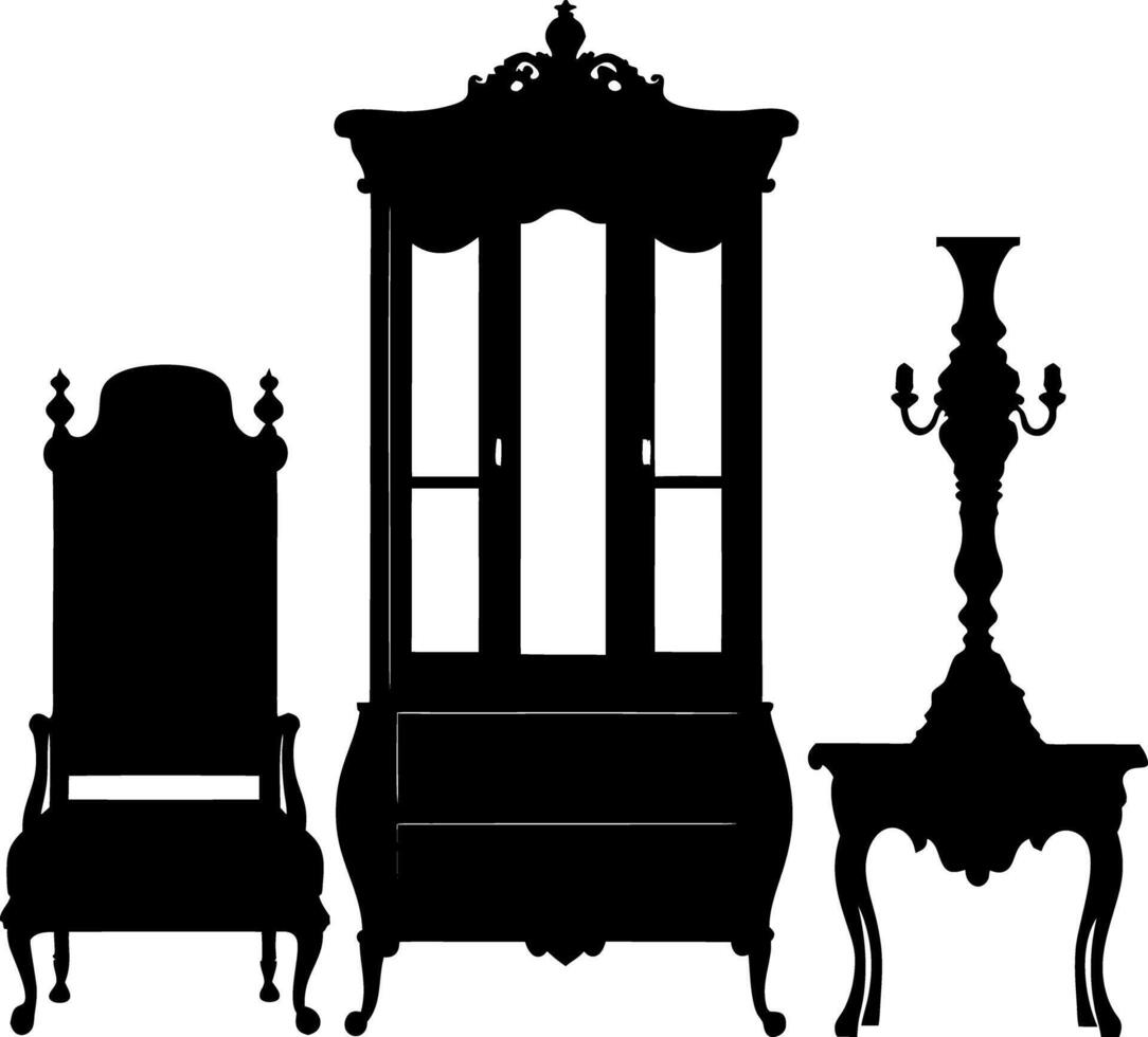 Ornate Furniture Silhouettes High Back Chair, Cabinet, Table Lamp in Black Color vector