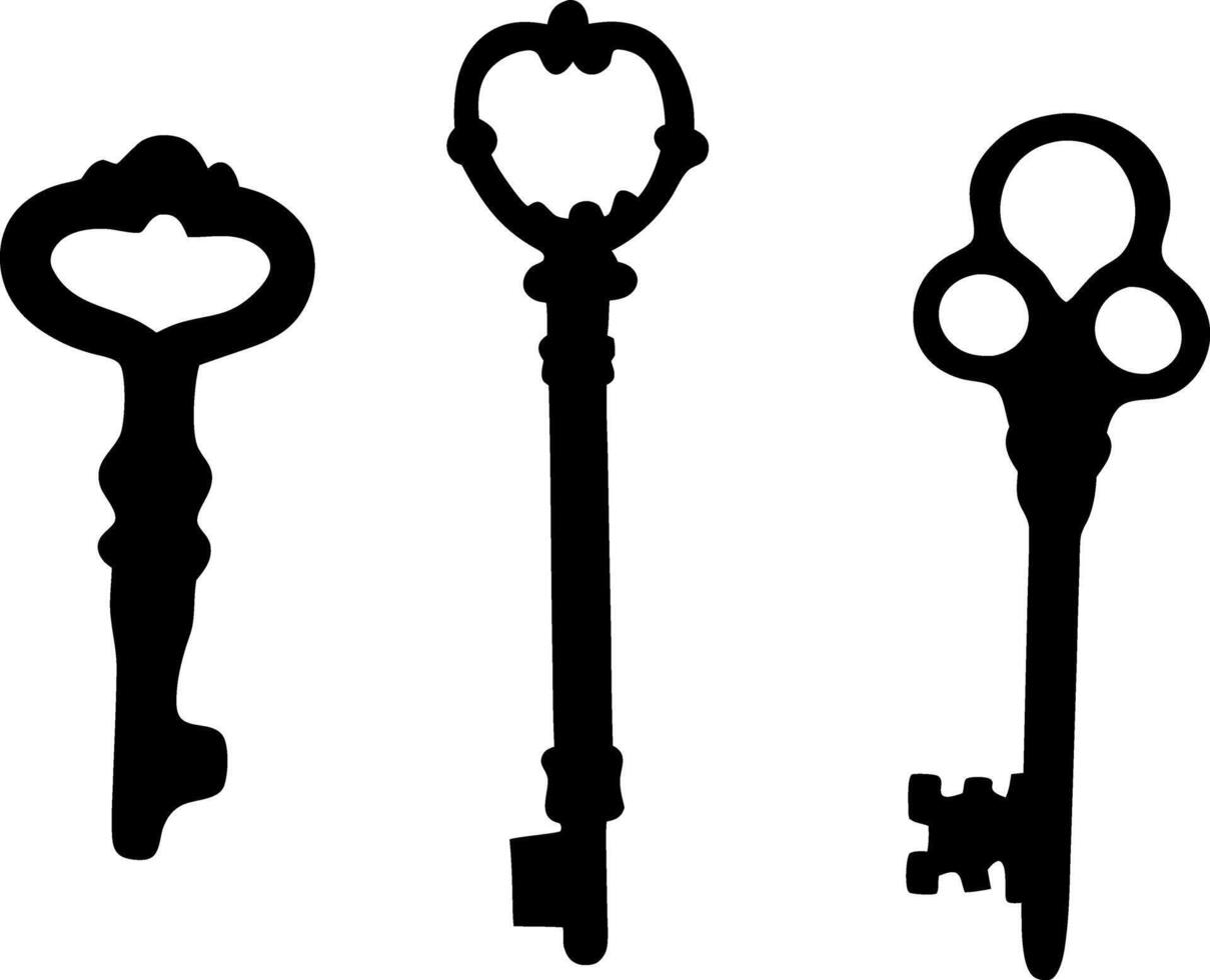 Ornamental Antique Keys Silhouettes in Black Isolated on White Background, Collection vector