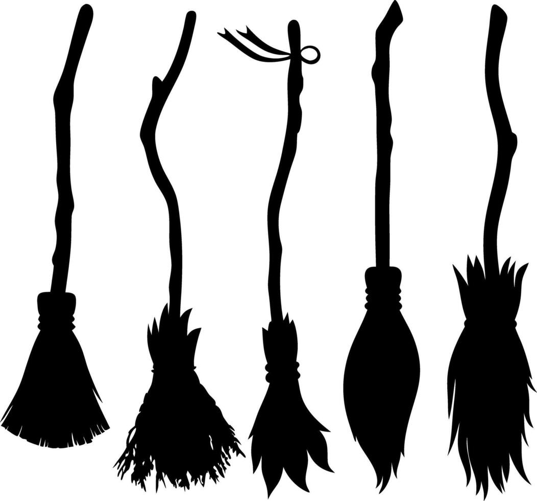 Witch Brooms Silhouettes Set, Stick and Straw, Ritual Item, Halloween Decoration, Dark Magic vector