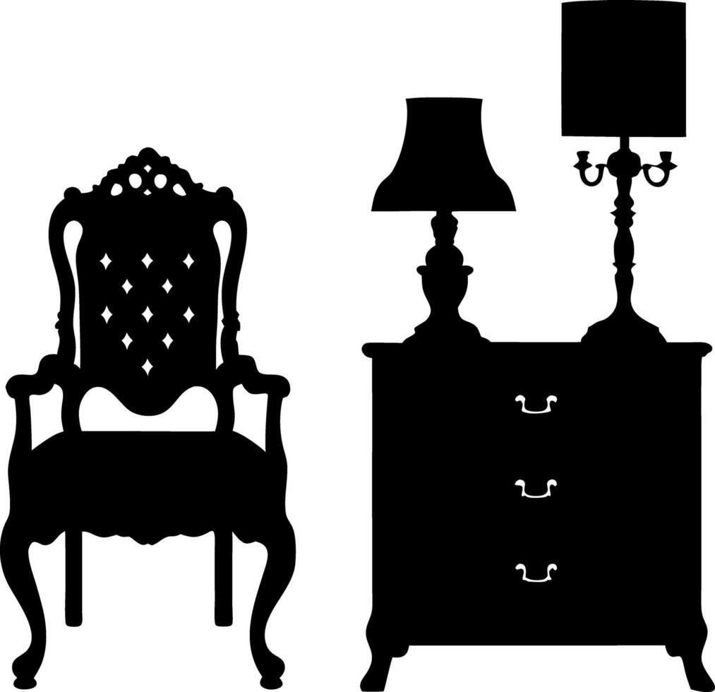 Silhouette of Ornate Armchair, Bedside Table, and Lamps Isolated on White Background vector