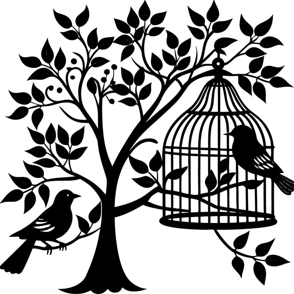 Silhouette of Tree with Birds and a Birdcage, Nature Black and White Design vector