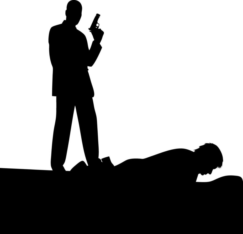 Silhouette of Armed Man Standing Over Prostrate Figure with Gun Pointed Upward vector