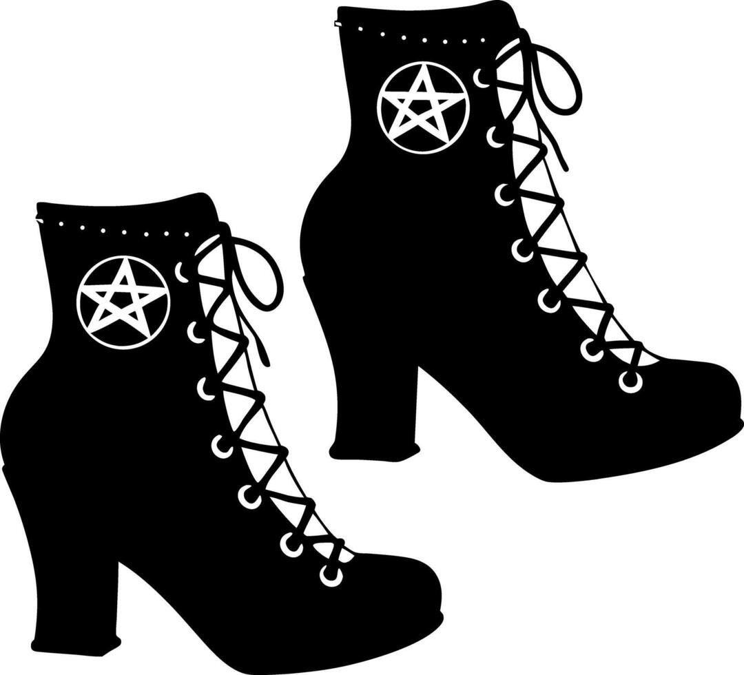 Silhouette of Black Heeled Boots with Laces and Pentagram Embellishments on White vector