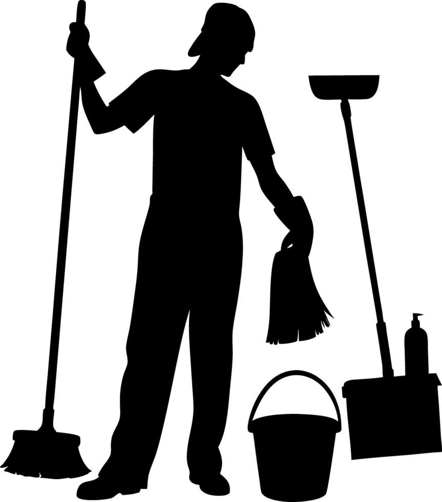 Silhouette of Man with Cap, Holding Broom and Cloth, Mop, Bucket and Cleaning Supplies vector