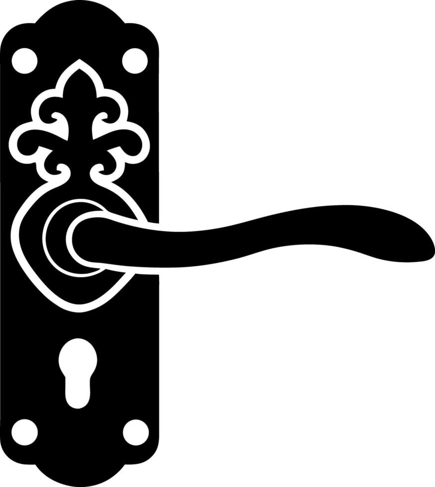 Ornate Doorknob Silhouette with Keyhole, Plate, and Lever Handle Black White vector