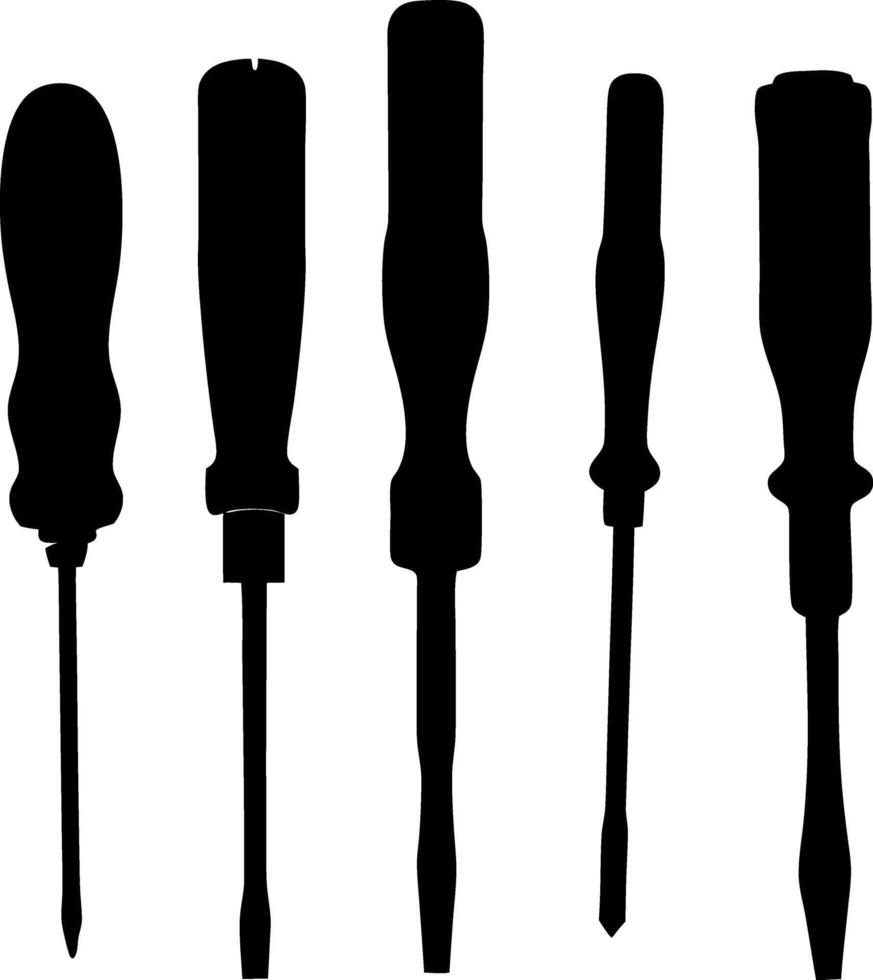 Screwdriver Silhouettes Set, Repair Tool Black Icons, DIY Hand Tools, Hardware Essentials vector
