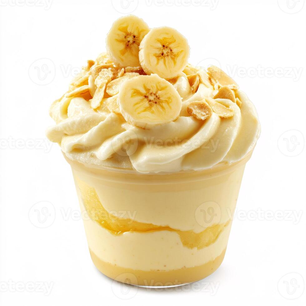 Deliciously Layered Banana Pudding Dessert in a Clear Cup photo