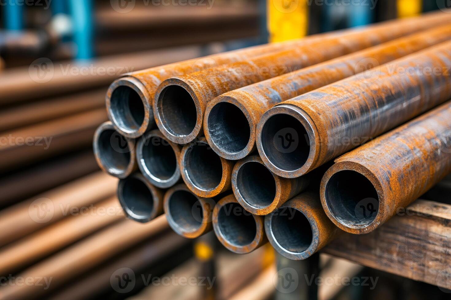 Stack of rusty metal pipes resting on wooden beams in warehouse photo
