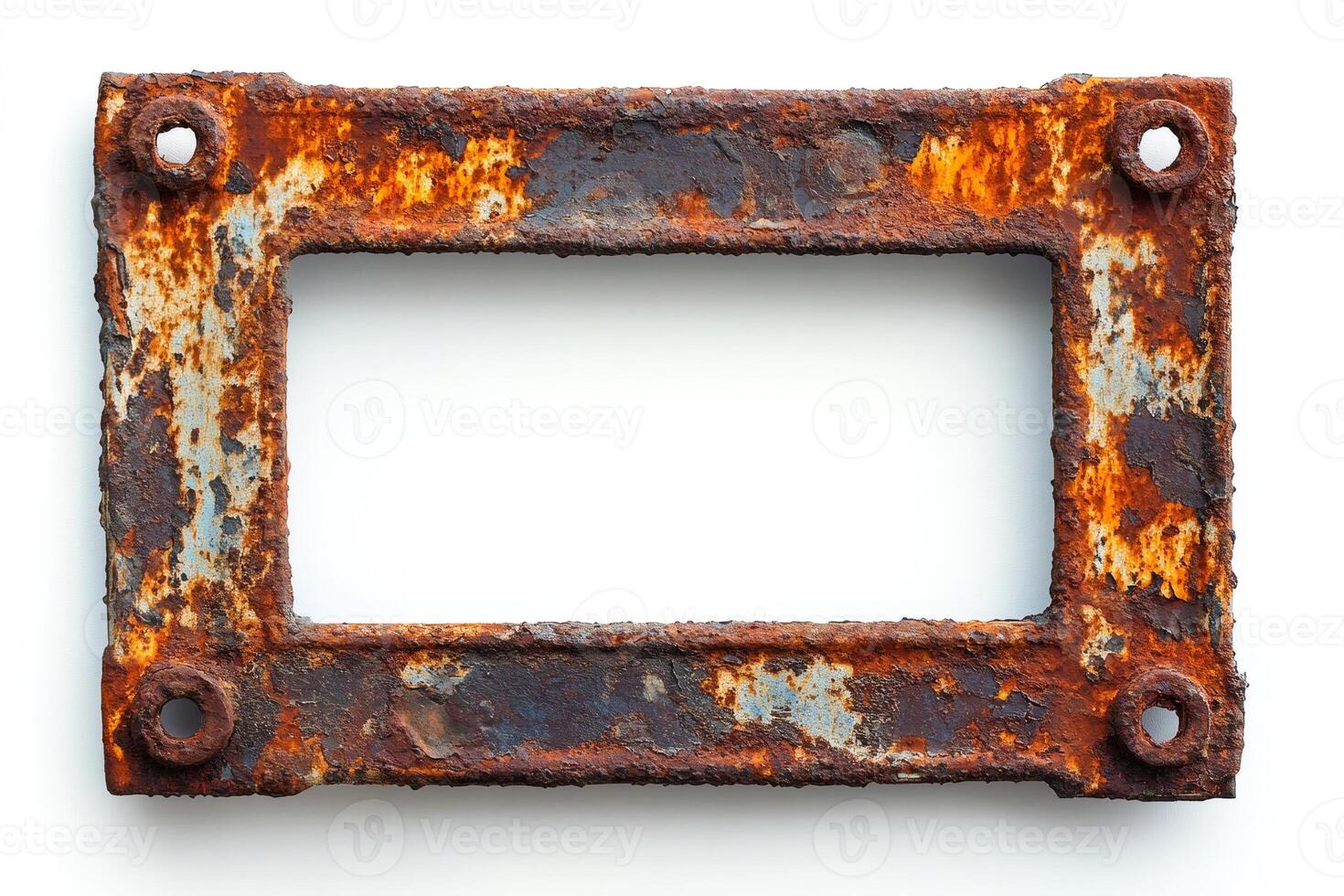 Rusty metal frame with bolts on white background photo