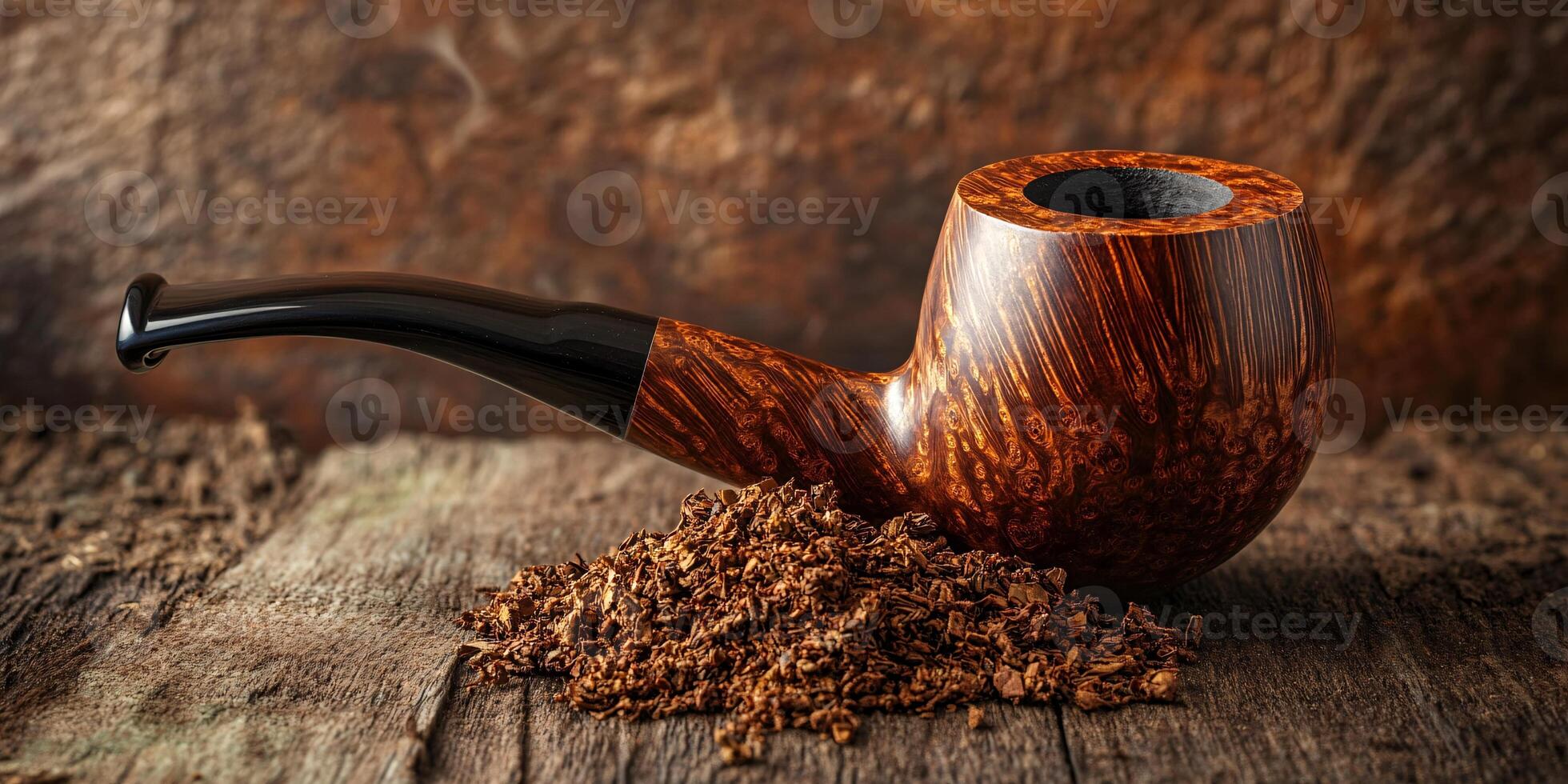 Rustic Tobacco Pipe and Loose Leaf Tobacco on Wooden Surface photo