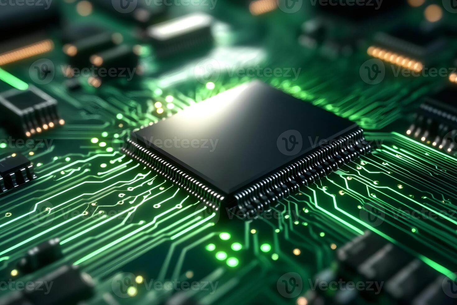 Central processing unit generating glowing light on circuit board photo