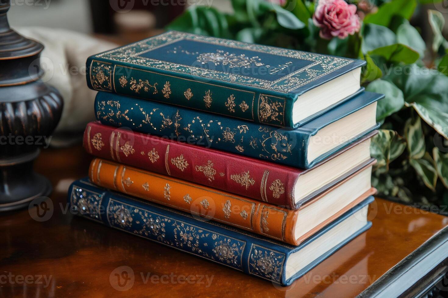 Stack of colorful vintage hardcover books forming a tower of knowledge photo