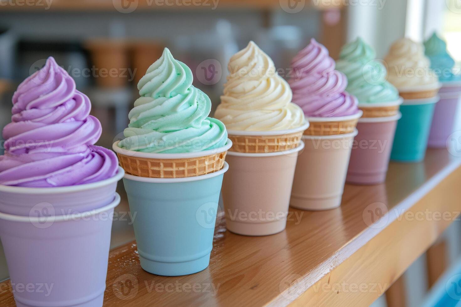 Colorful soft serve ice cream displaying on wooden shelf photo