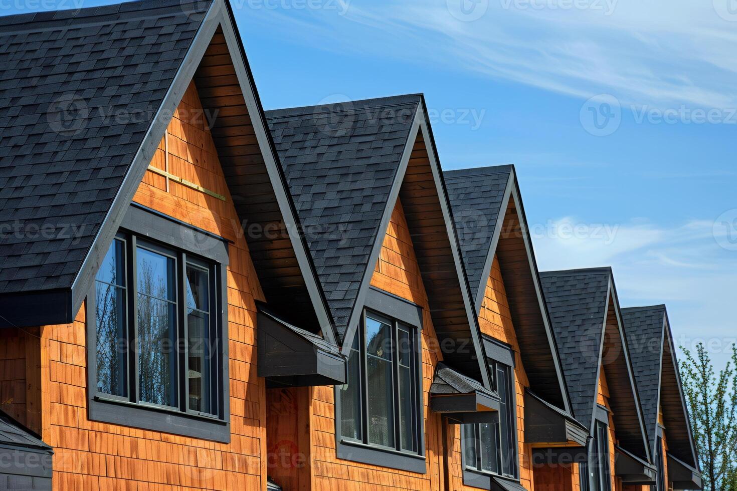 Row of modern gable roof houses under blue sky photo