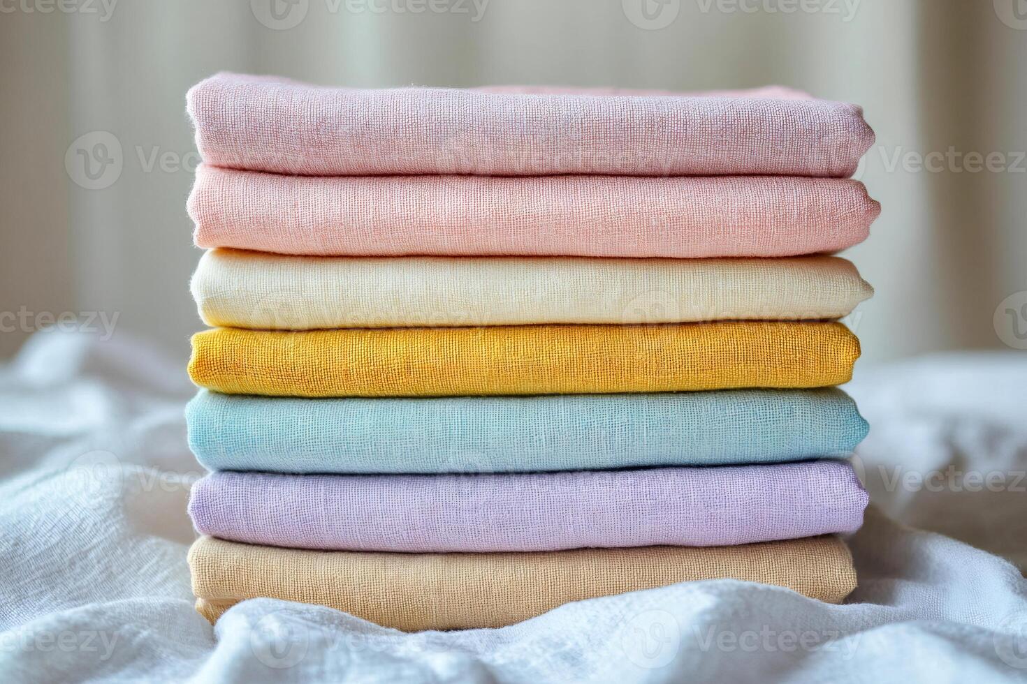 Stack of colorful linen fabrics showing variety of pastel colors photo
