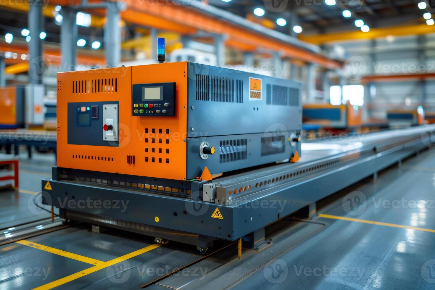Automated guided vehicle moving along production line in modern factory photo