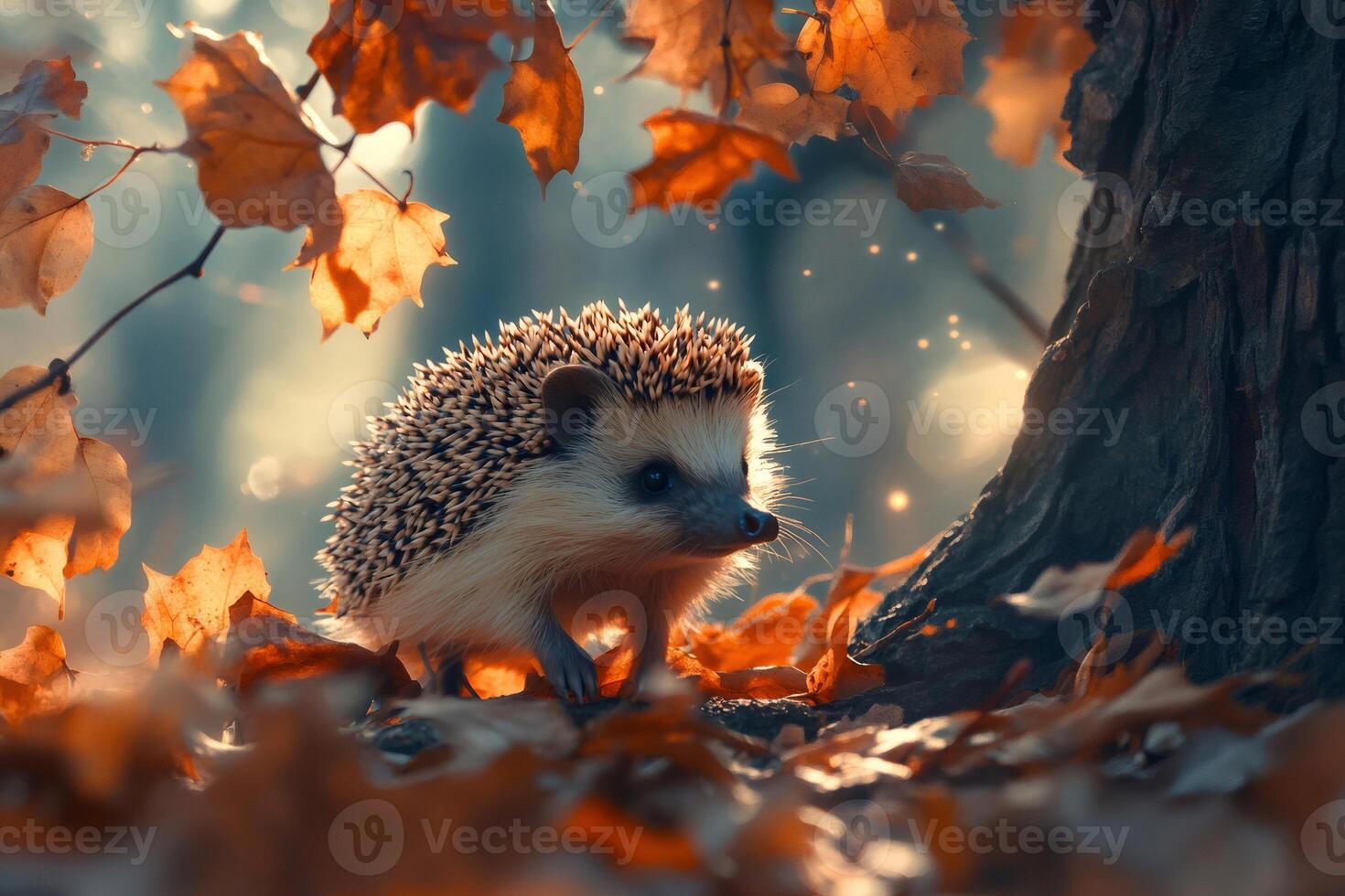 Hedgehog exploring autumn leaves in warm sunlight photo
