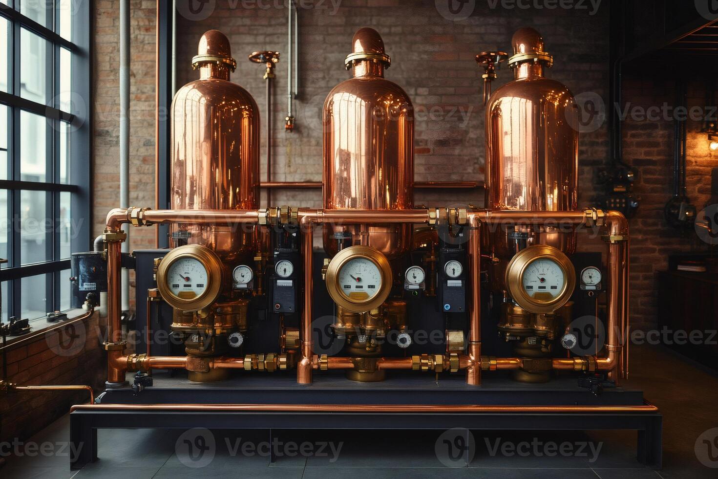 Copper distillation tanks and gauges measuring alcohol content in distillery photo