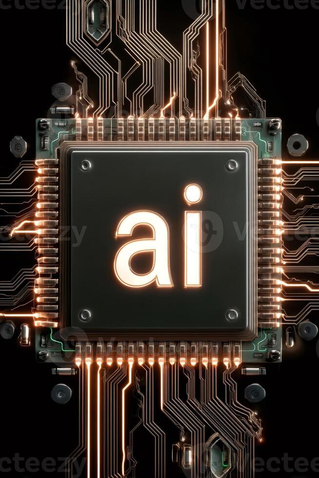 Artificial intelligence chip glowing on circuit board photo