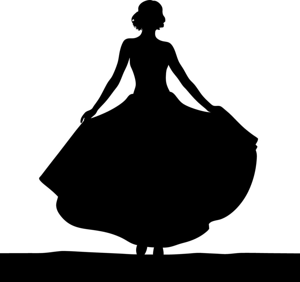 Silhouette Woman in Gown, Elegant Pose, Dark Dress, Arms Extended, Isolated, Formal vector
