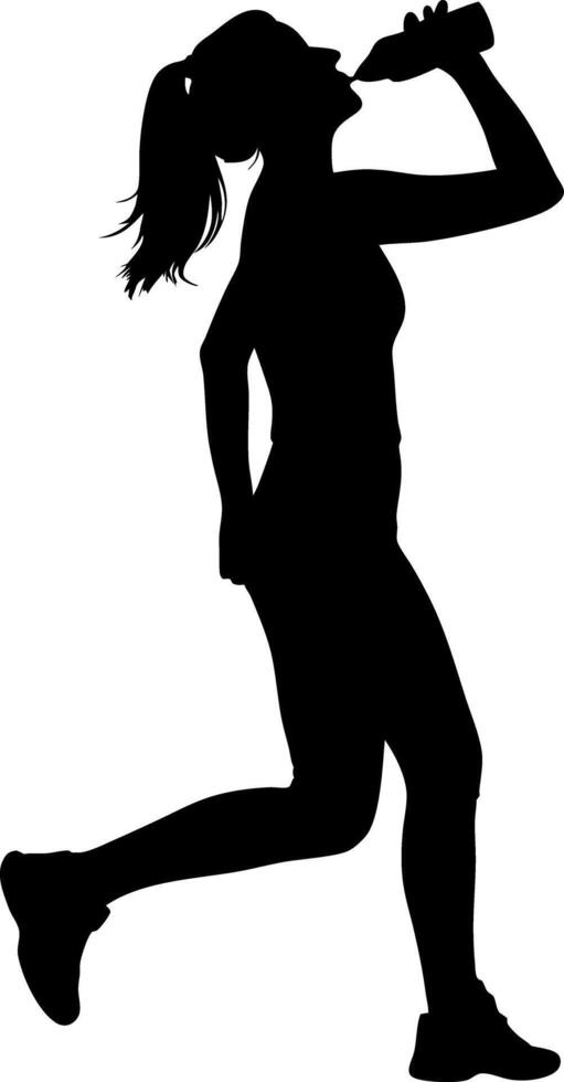 Silhouette Woman Running, Drinks from Bottle, Fitness, Sport, Health, Active, Jogging vector