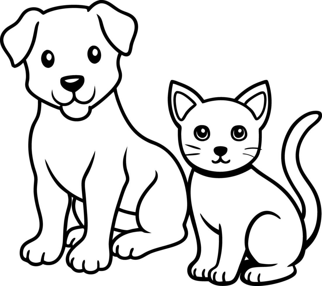 Cartoon Outlined Dog and Cat Sitting Together, Cute Pets, Black and White vector