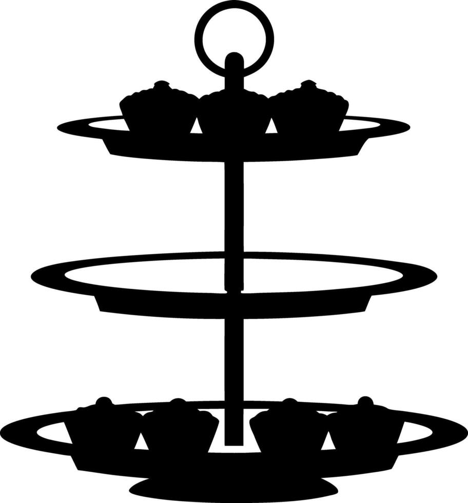 Three Tier Cupcake Stand Silhouette with Desserts, Black and White Isolated on White vector