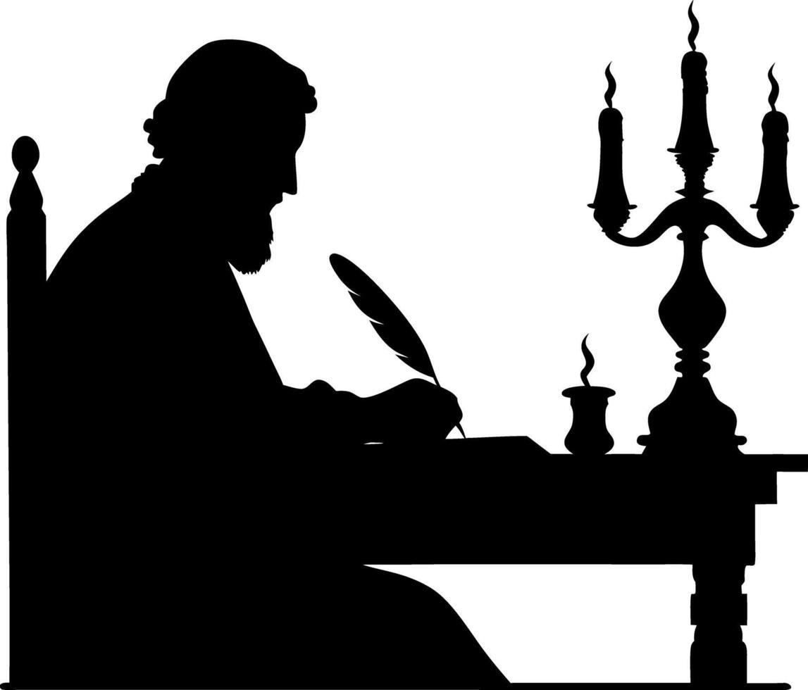 Silhouette Of Mature Scribe Writing with Quill Pen at Desk By Candles and Inkpot vector