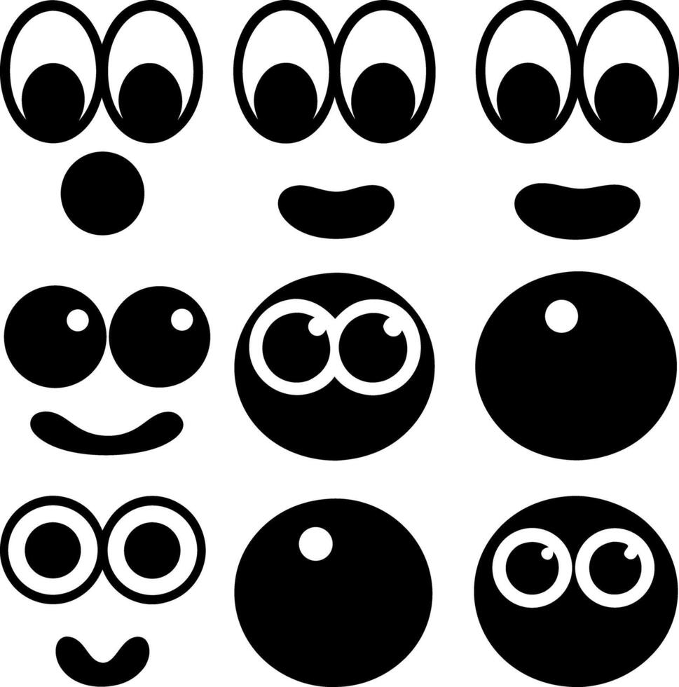 Cartoon Faces Set Playful Expressions, Smiling, Silly, Black and White Minimalist Art vector