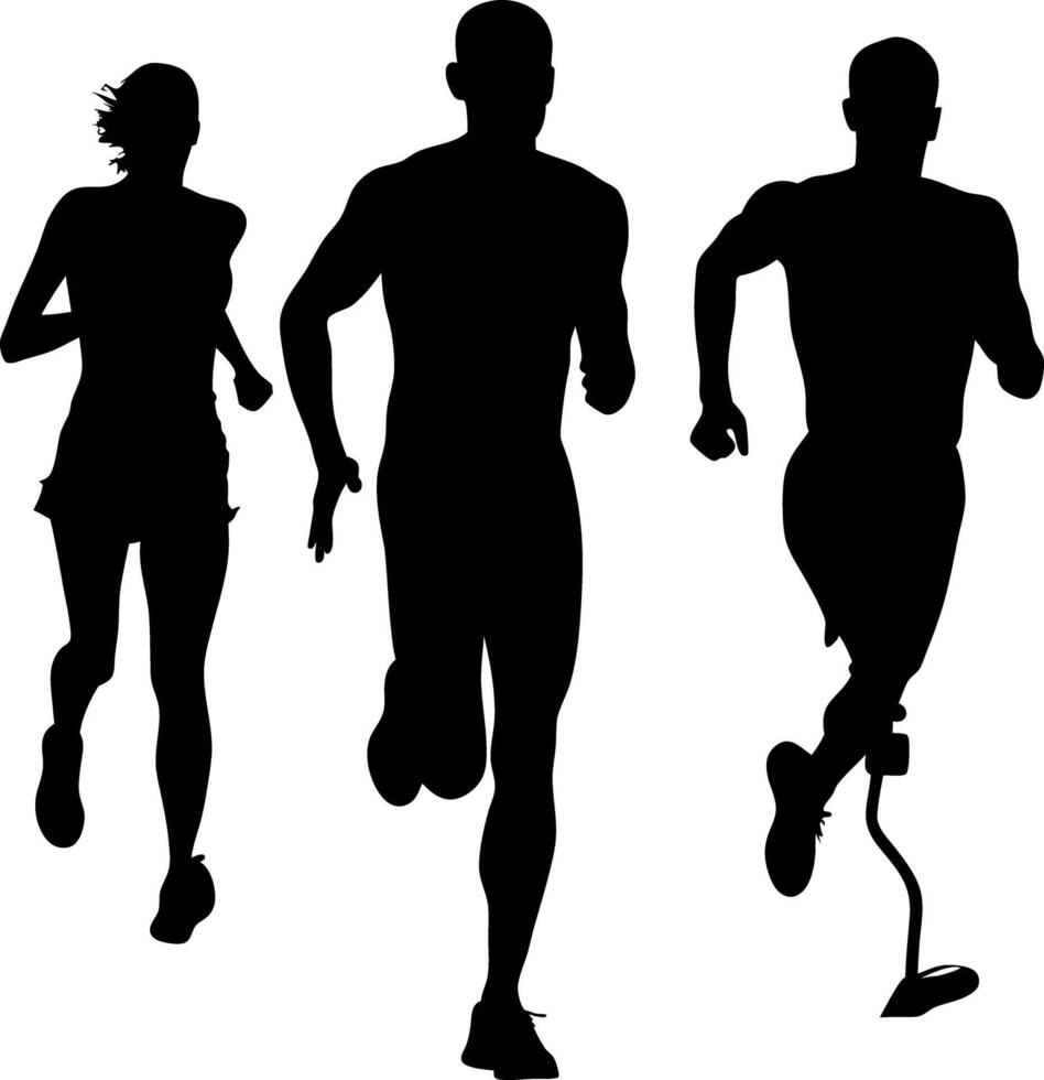 Diverse Runners Silhouette Woman, Man, Athlete with Prosthetic Leg Running Forward vector