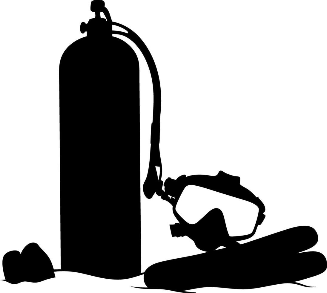Scuba Diving Equipment Silhouette Tank, Mask, Fins, Hose Black and White Icon vector