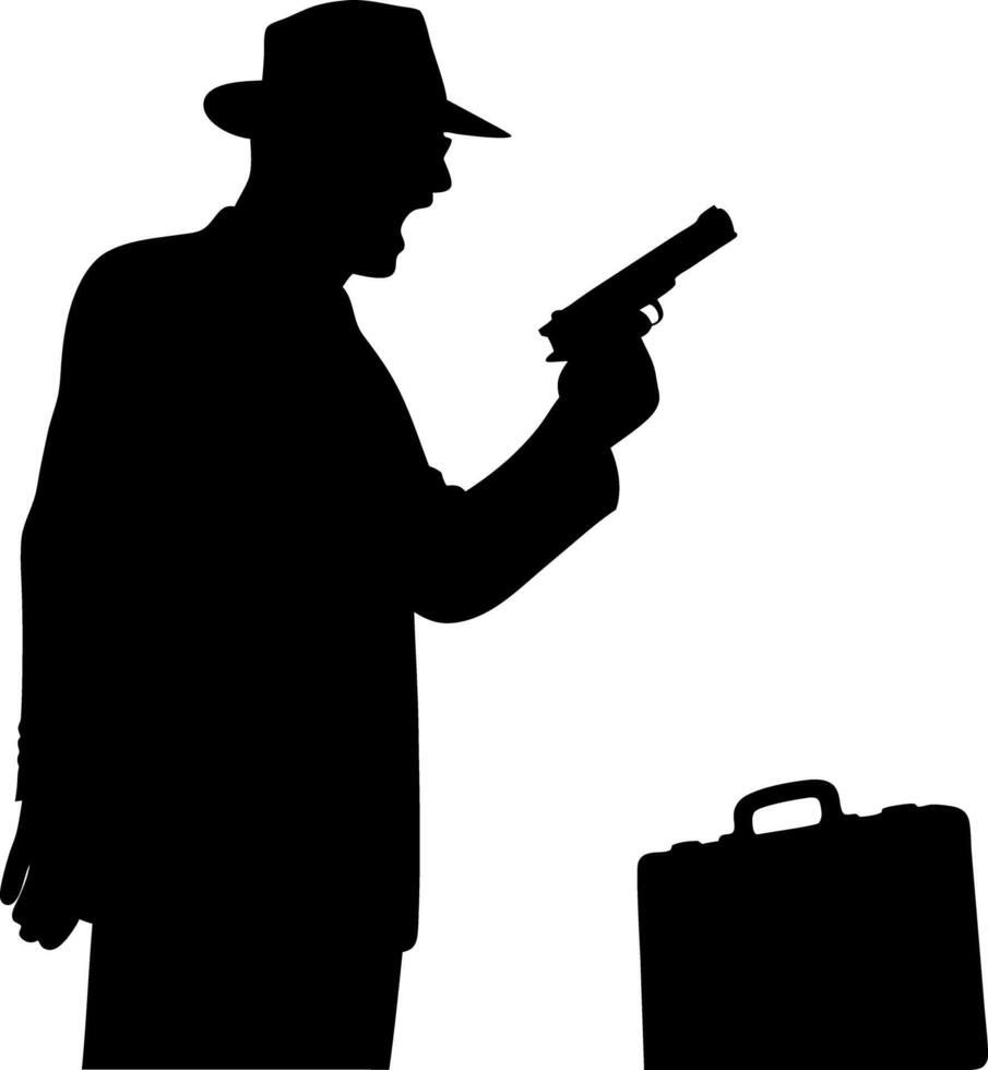 Silhouette of Angry Man in Hat Yelling Holding Gun with Briefcase Nearby Isolated vector