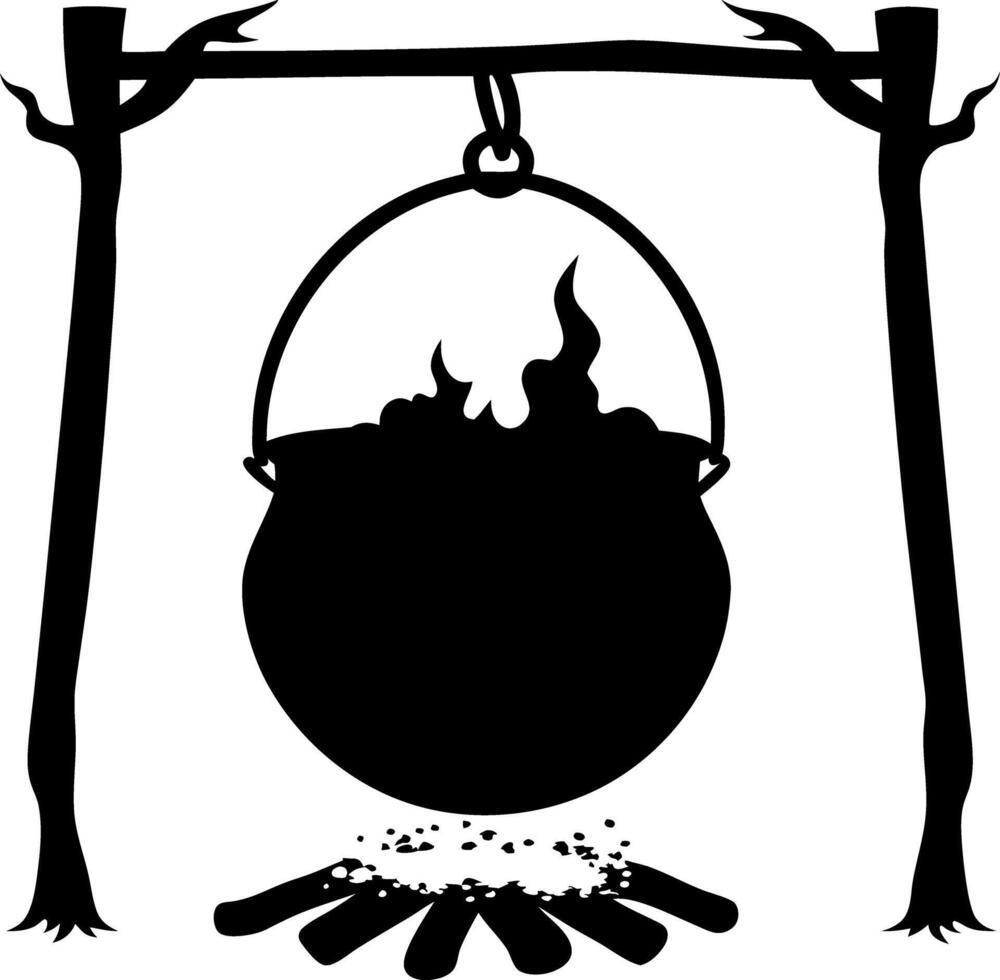 Cauldron Above Bonfire Silhouette, Hung On Branch Scaffold, Dark Contrast, Black on White vector