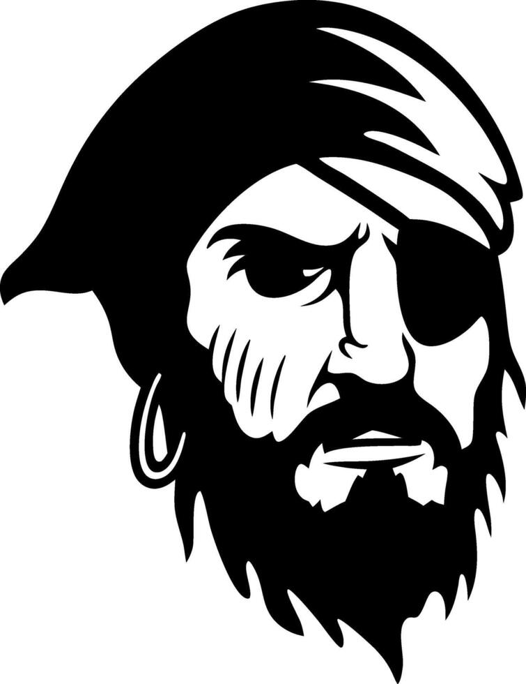 Pirate Head Silhouette with Beard, Eye Patch, Bandana Earring in Black White vector