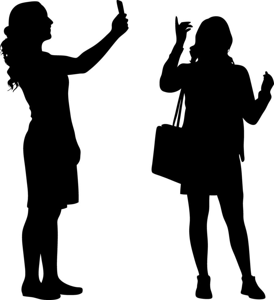 Female Figures Silhouettes Posing with Handbag and Phone Isolated on White Backdrop vector
